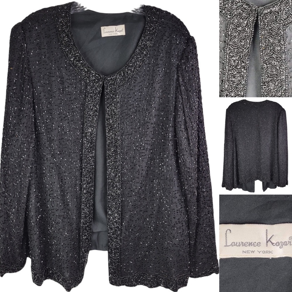 Vintage Laurence Kazar Hand Beaded Embroidered Silk Jacket Blazer XL